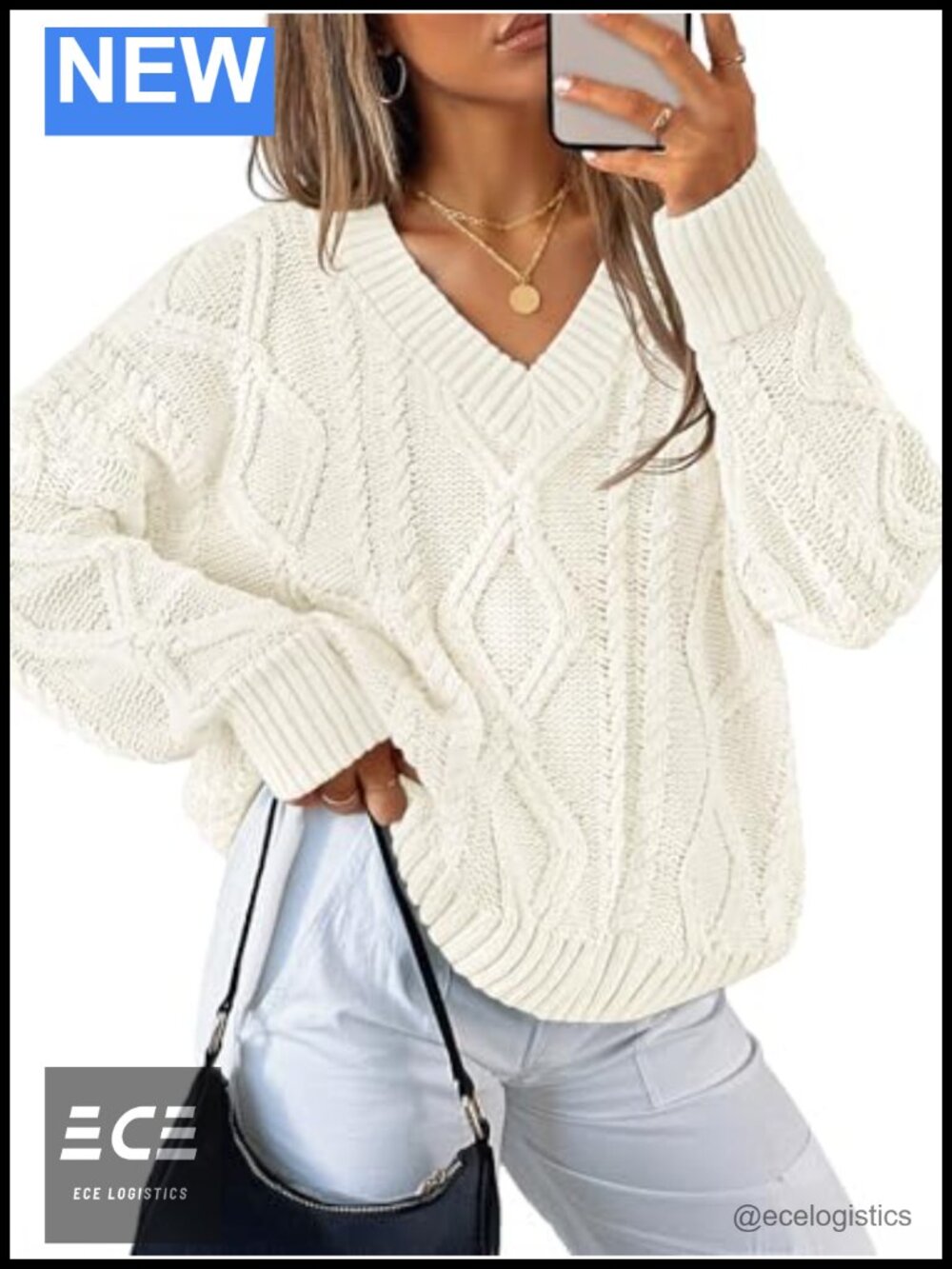 Oversized Cable Knit V-Neck Pullover Sweater